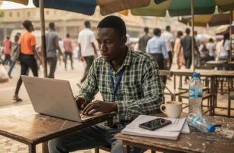 Young Nigerian man working at Lagos coworking cafe