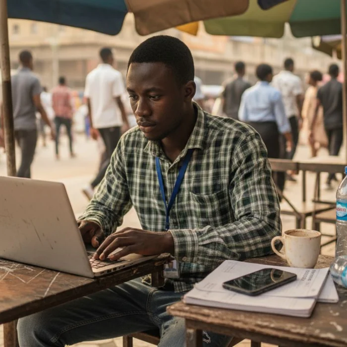 Young Nigerian man working at Lagos coworking cafe