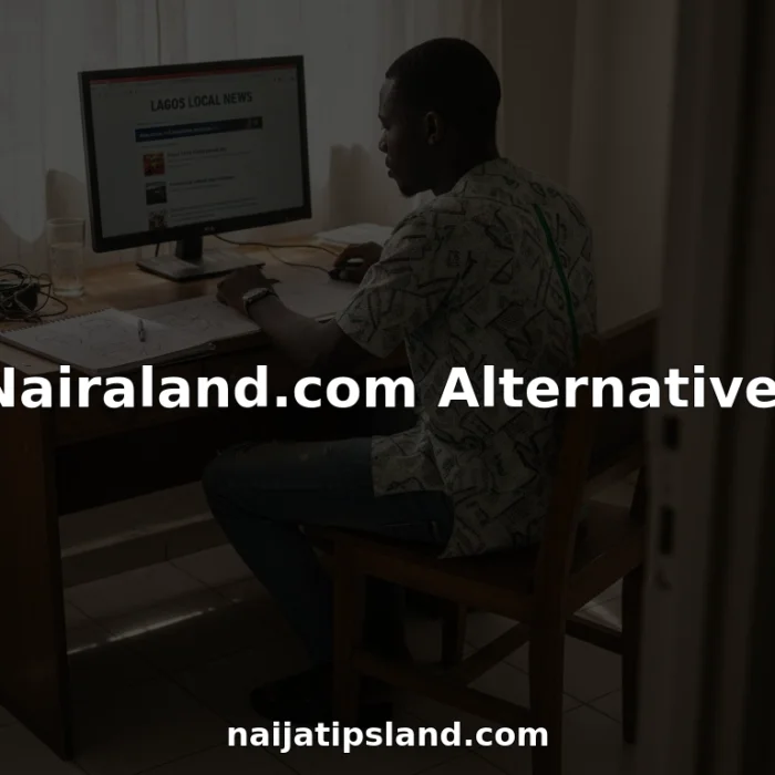 Nigerian man browsing community forum at desk