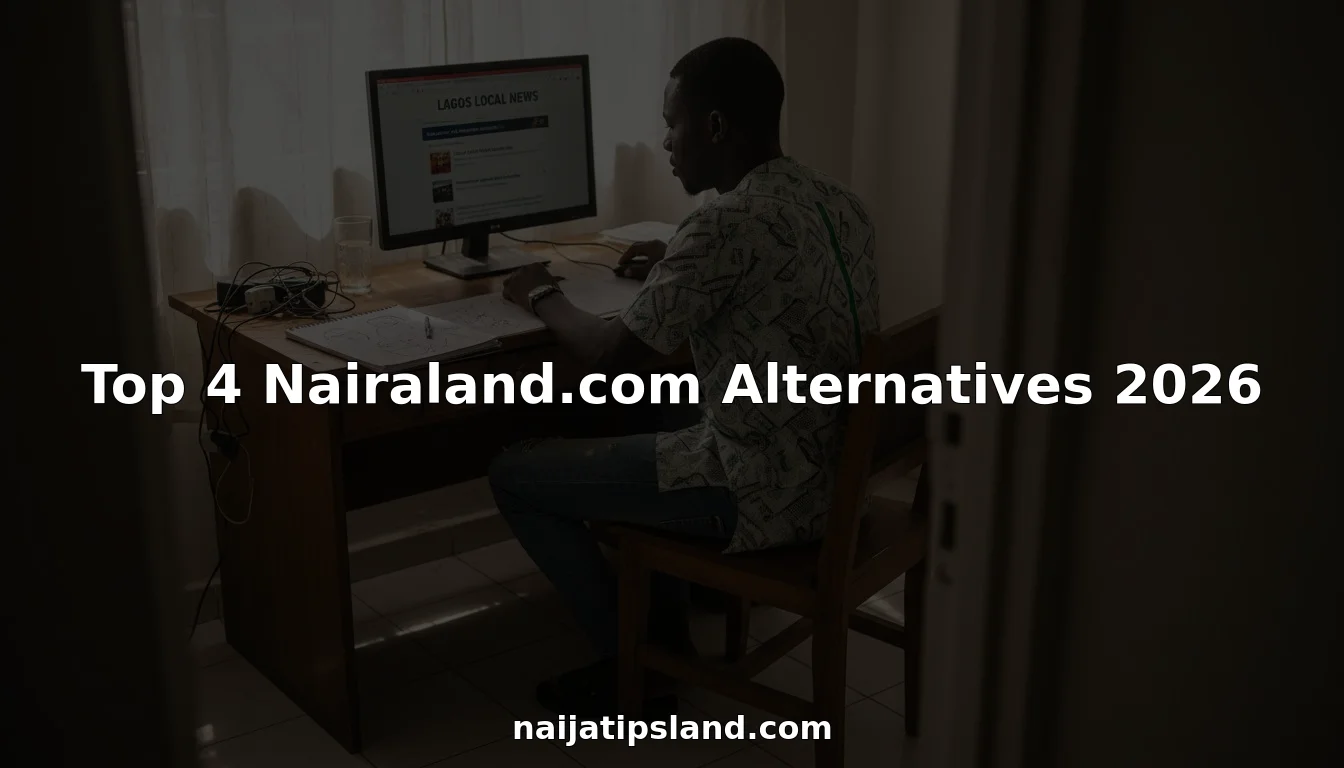 Nigerian man browsing community forum at desk