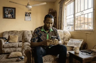 Nigerian man reading news on smartphone