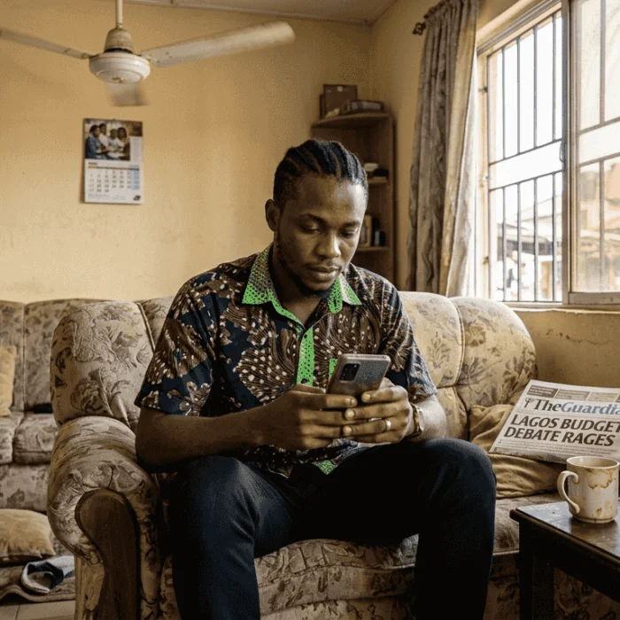 Nigerian man reading news on smartphone