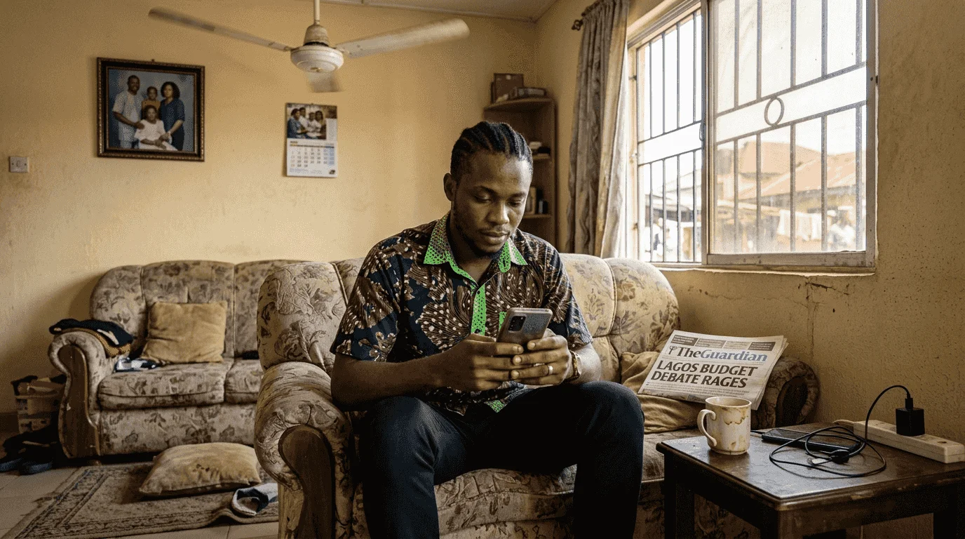 Nigerian man reading news on smartphone