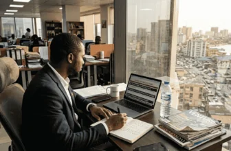 Nigerian professional viewing international headlines in office