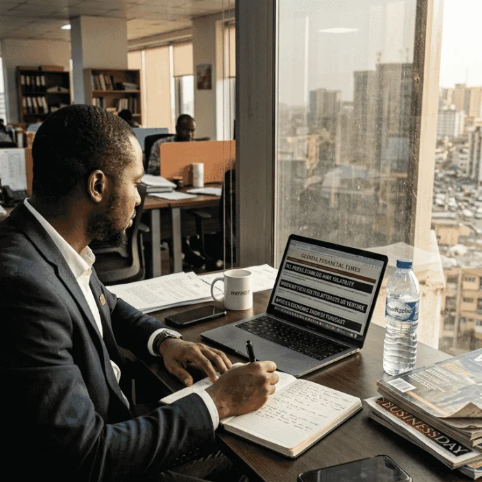 Nigerian professional viewing international headlines in office