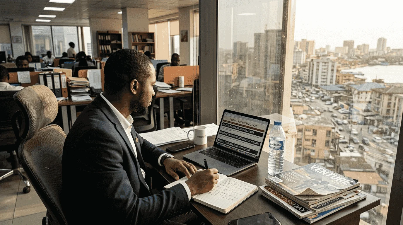 Why follow international news: Nigerian professionals 2026 1 Nigerian professional viewing international headlines in office