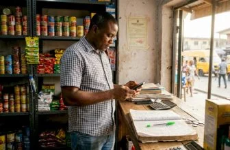 Shop owner checks digital microfinance application