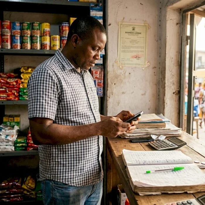 Shop owner checks digital microfinance application