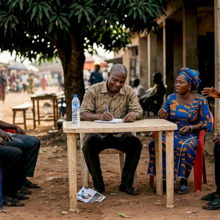 Nigerian leader meeting with local community outdoors