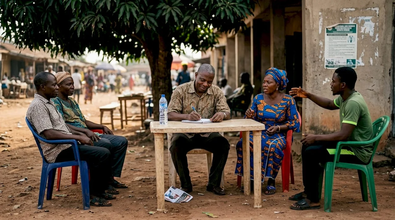 Nigerian leader meeting with local community outdoors
