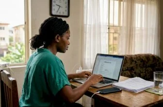 Nigerian woman writing CV in home workspace