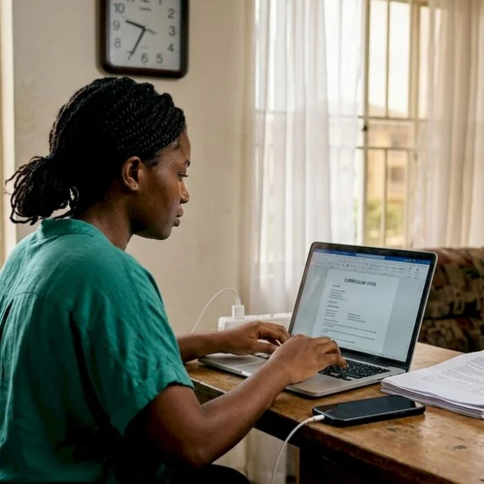 Nigerian woman writing CV in home workspace