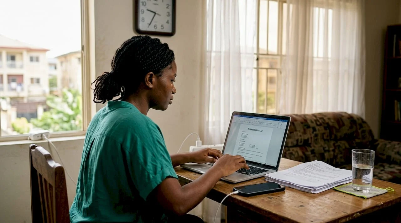 Nigerian woman writing CV in home workspace