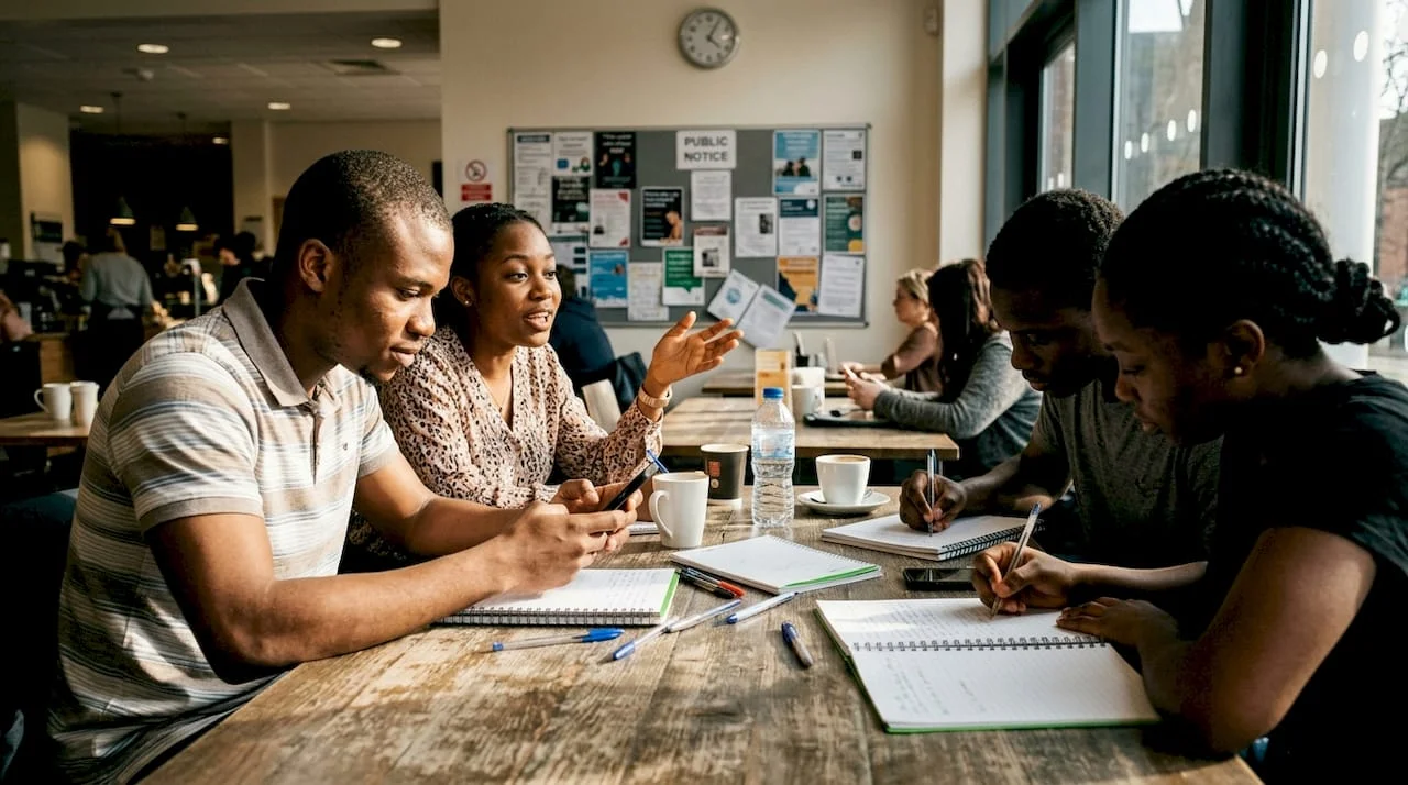 Nigerian students discussing issues in campus café