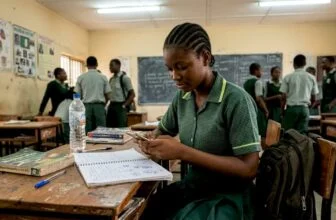 Nigerian teen checks phone in classroom