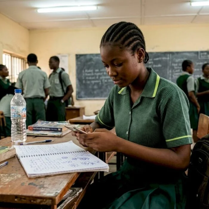 Nigerian teen checks phone in classroom
