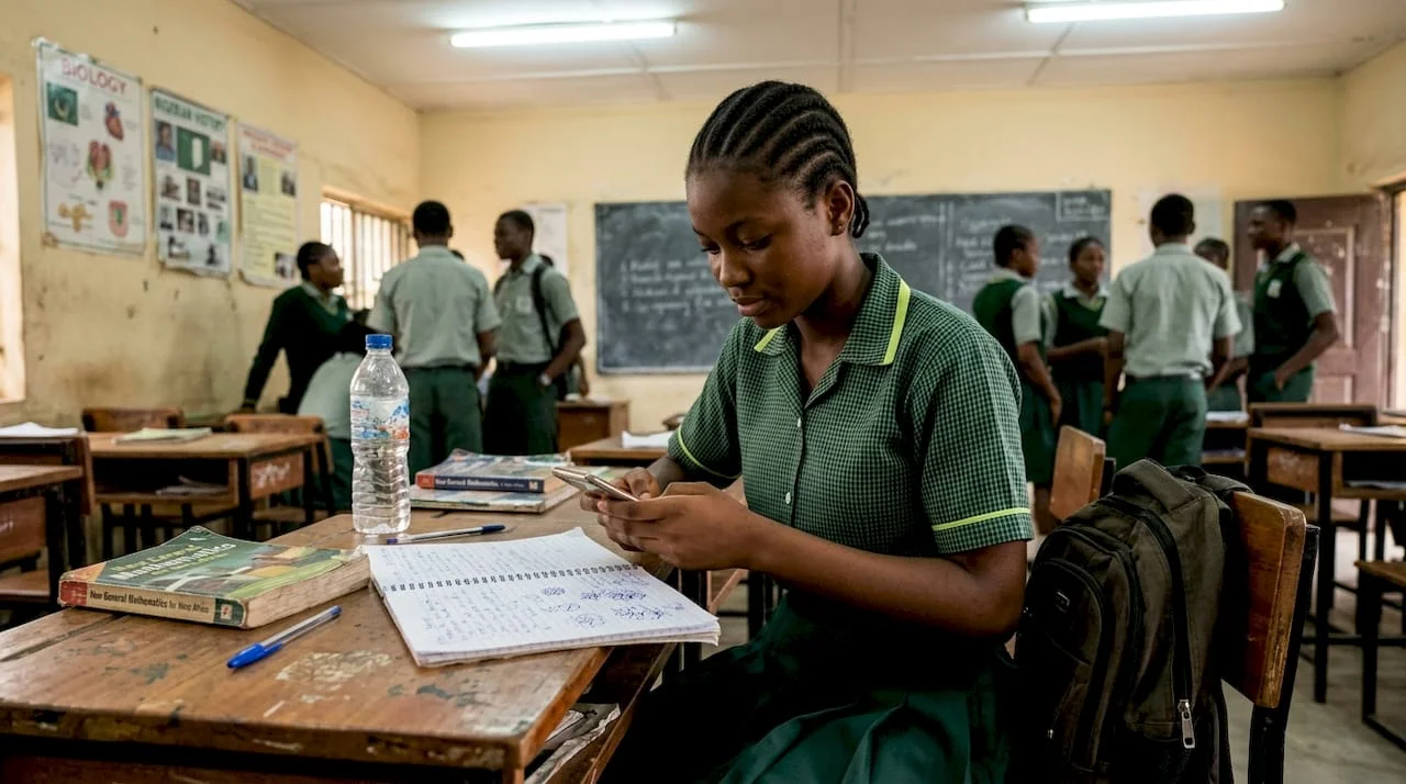 Nigerian teen checks phone in classroom
