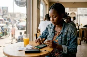 Woman using fintech app in Lagos café