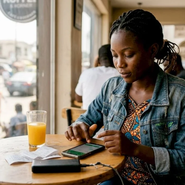 Woman using fintech app in Lagos café