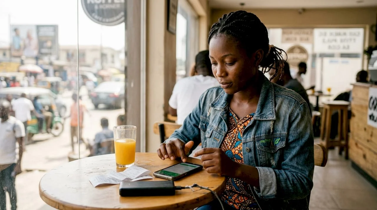 What is fintech? Understanding financial technology in Nigeria 1 Woman using fintech app in Lagos café