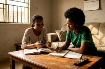 Nigerian students discuss news at coffee table