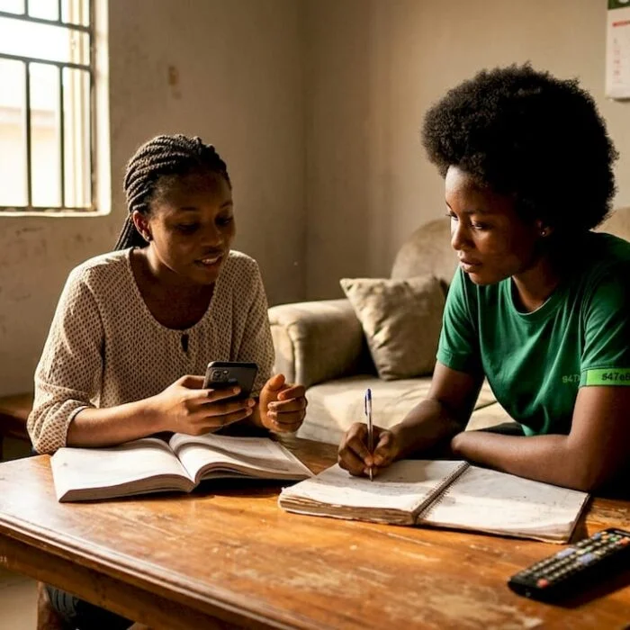 Nigerian students discuss news at coffee table