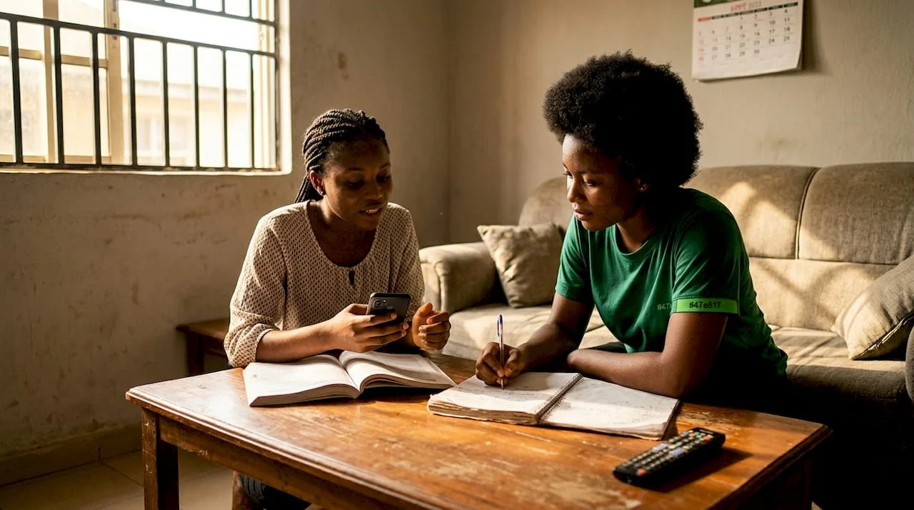 Nigerian students discuss news at coffee table