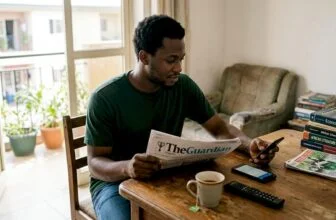Young Nigerian reading news in living room