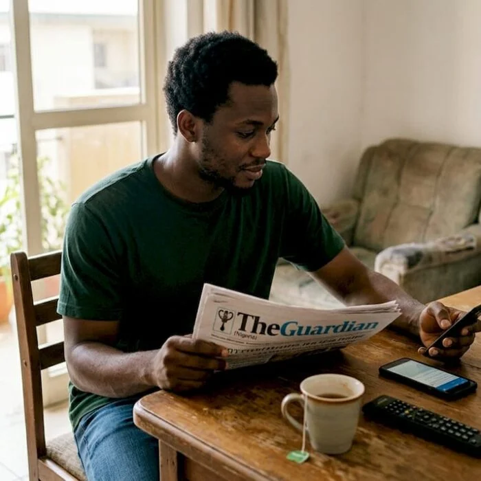 Young Nigerian reading news in living room