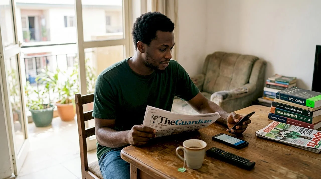 Young Nigerian reading news in living room