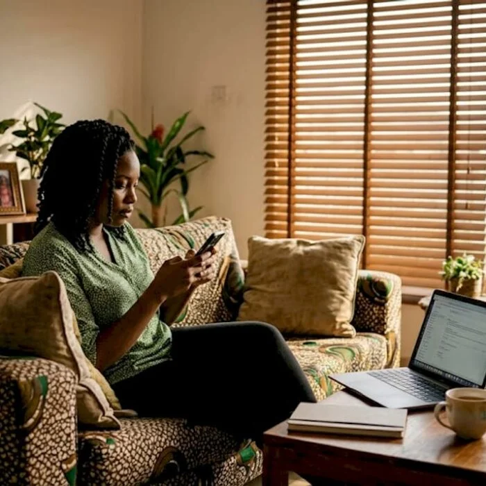 Nigerian woman using phone in living room
