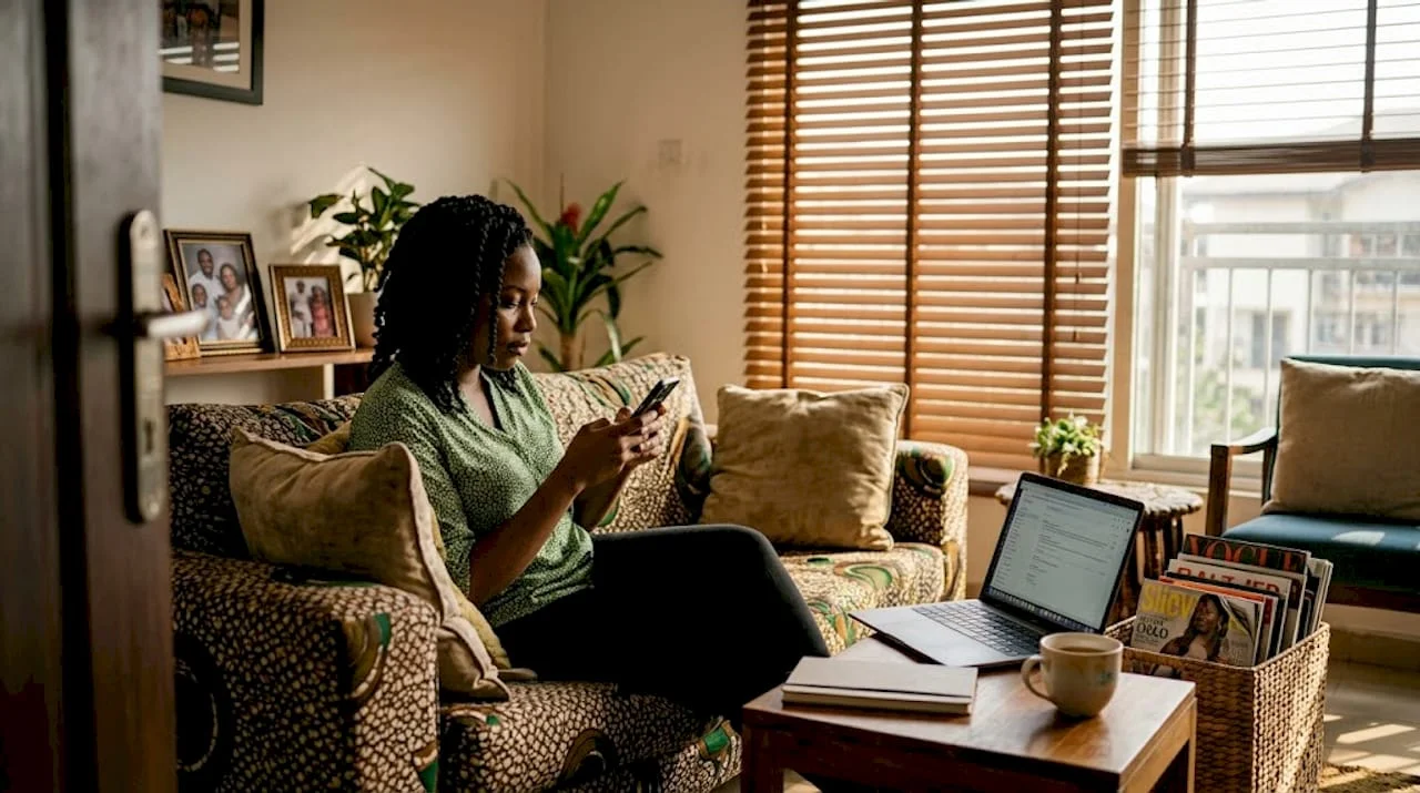 Nigerian woman using phone in living room