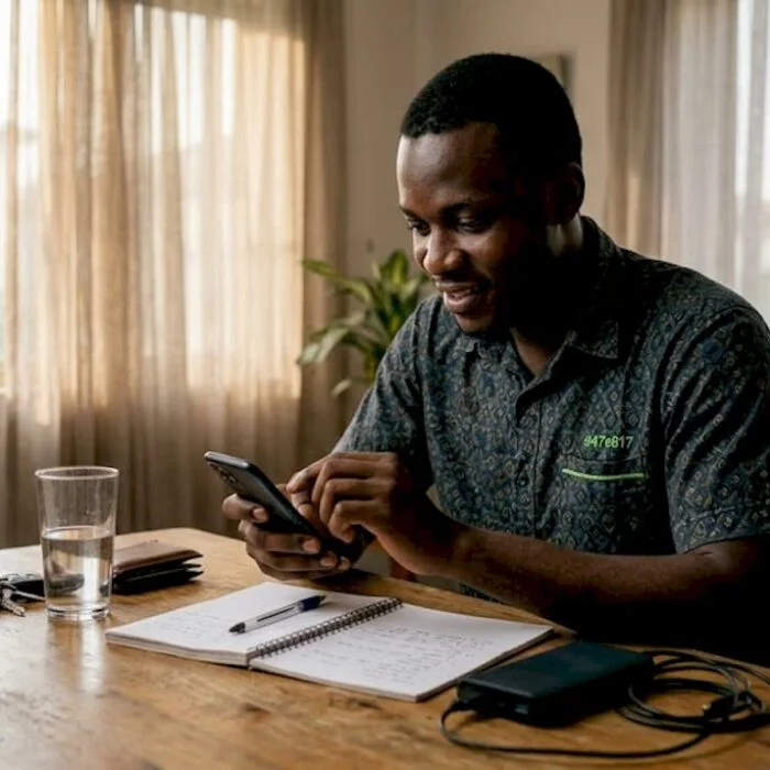 Young Nigerian man checks phone for security