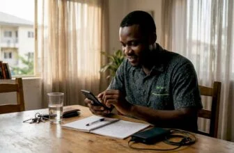 Young Nigerian man checks phone for security