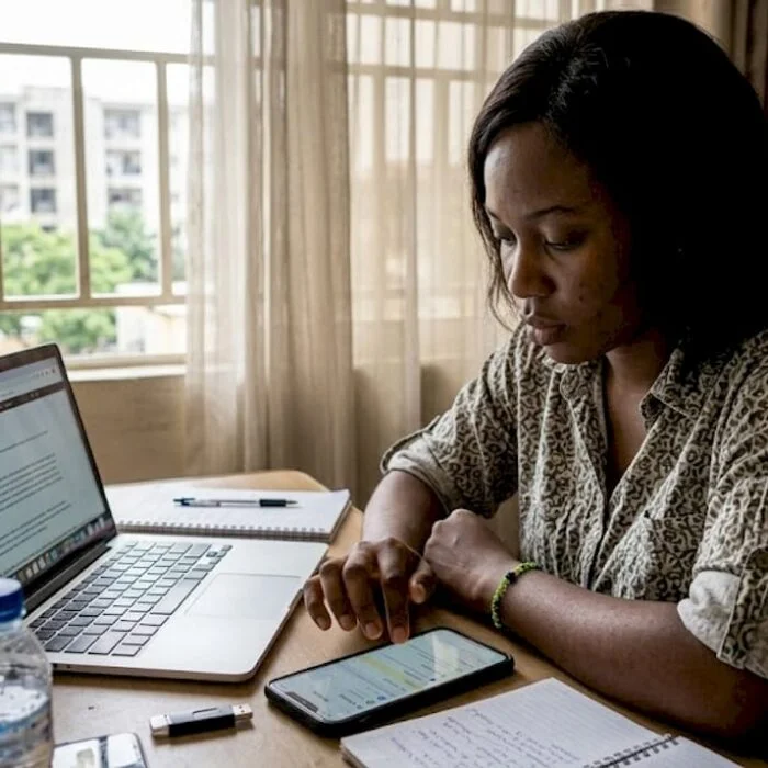 Nigerian woman checks data privacy settings at desk