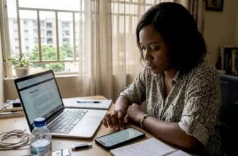Nigerian woman checks data privacy settings at desk
