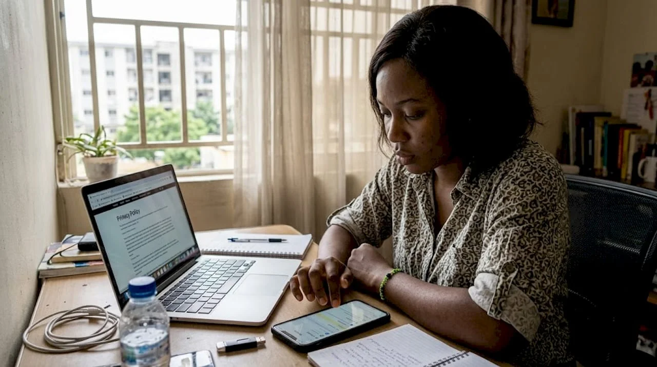Nigerian woman checks data privacy settings at desk