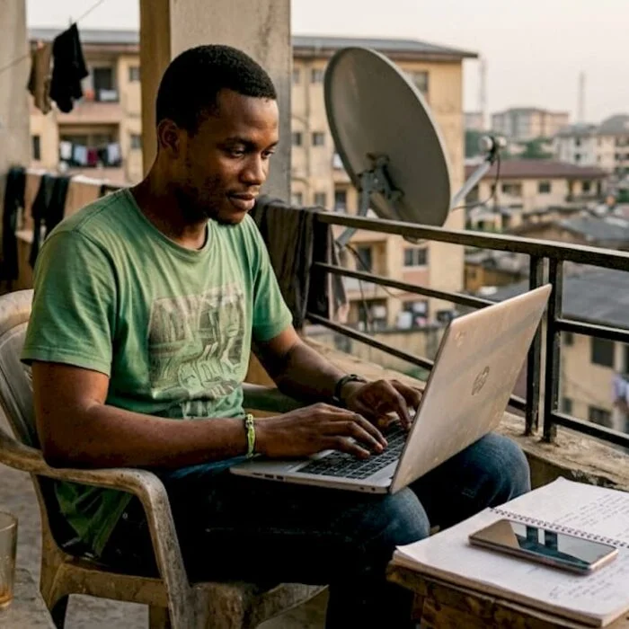 Young Nigerian using laptop on balcony for forum
