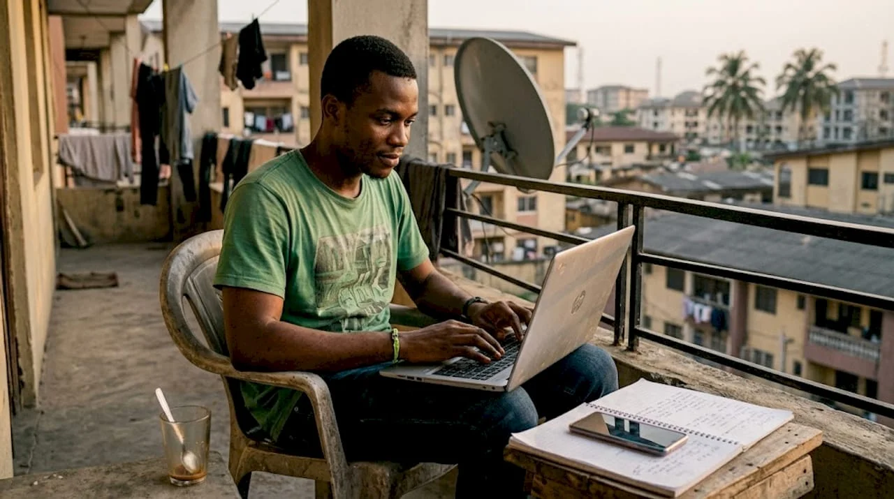 Young Nigerian using laptop on balcony for forum