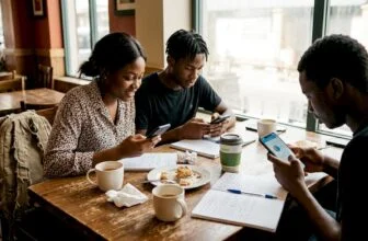 Nigerian students using smartphones at café table