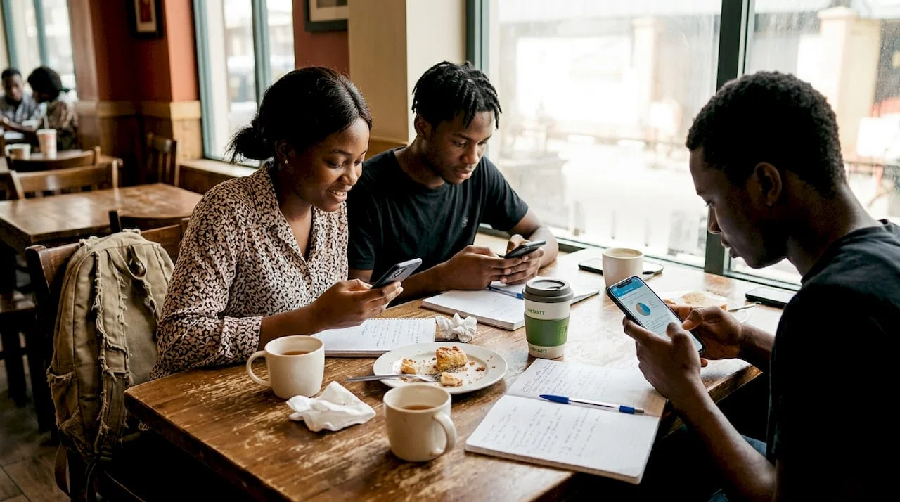 Nigerian students using smartphones at café table