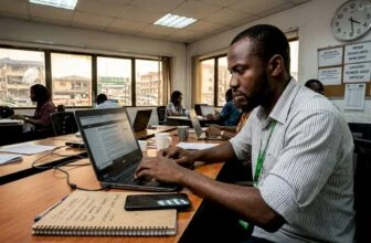 Nigerian journalist writing article in newsroom