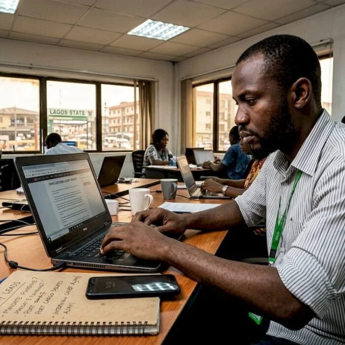 Nigerian journalist writing article in newsroom