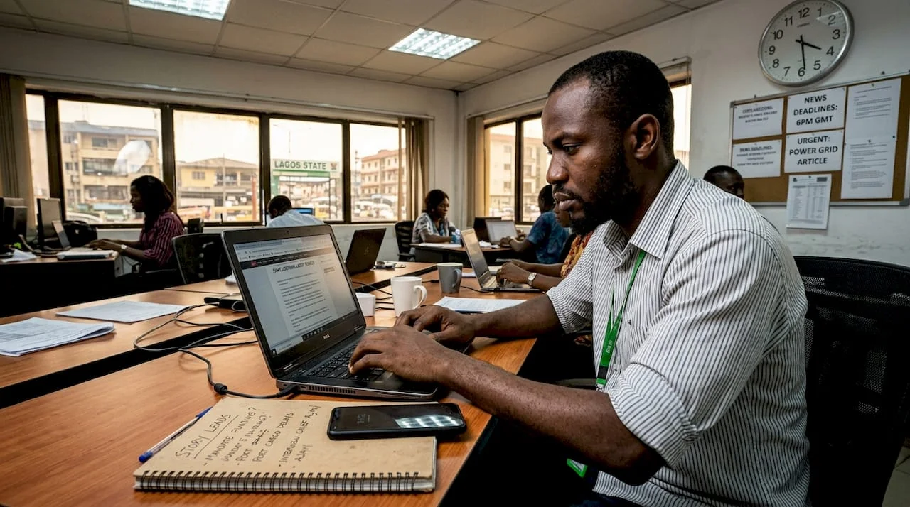 Nigerian journalist writing article in newsroom