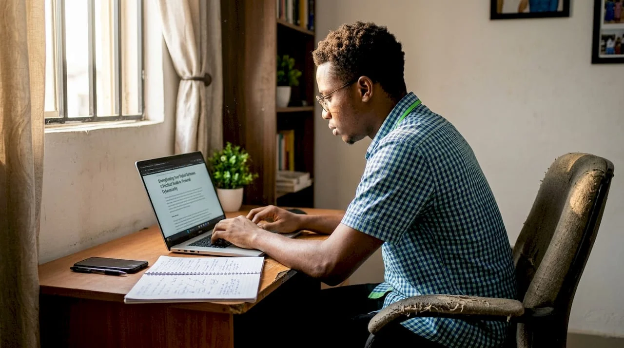 Why cyber security is vital for Nigerians: insights & actions 1 Young Nigerian professional working on laptop at desk