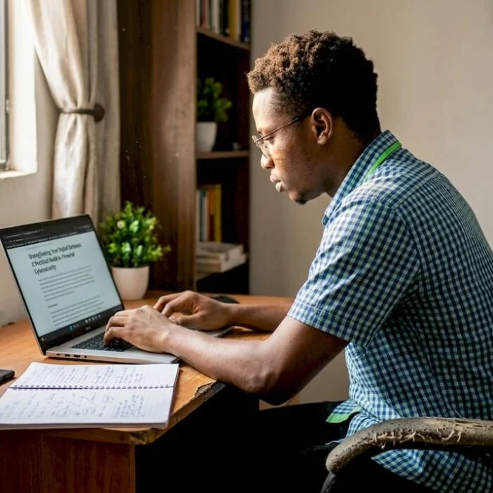 Young Nigerian professional working on laptop at desk