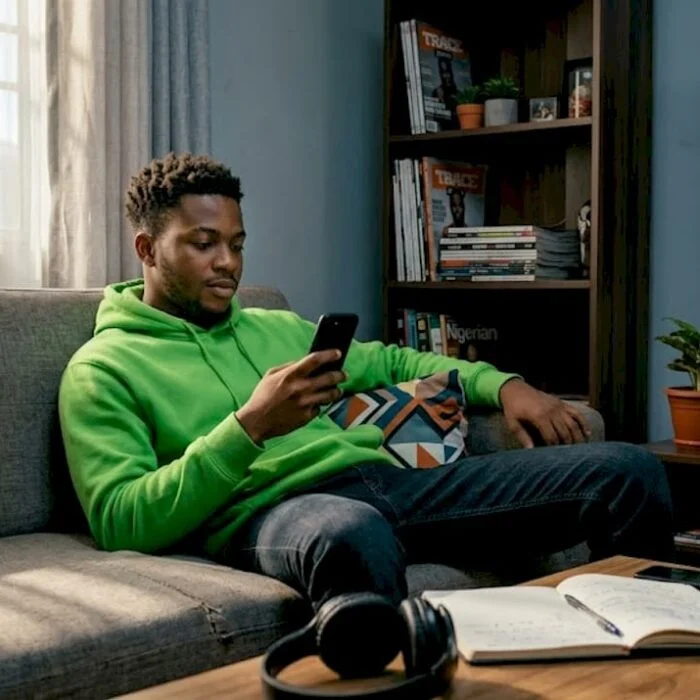 Young Nigerian reading entertainment news on phone