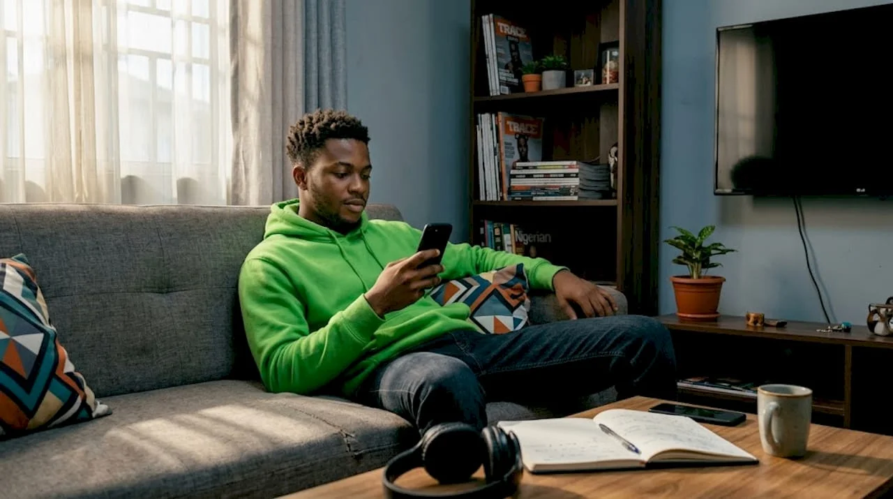 Young Nigerian reading entertainment news on phone