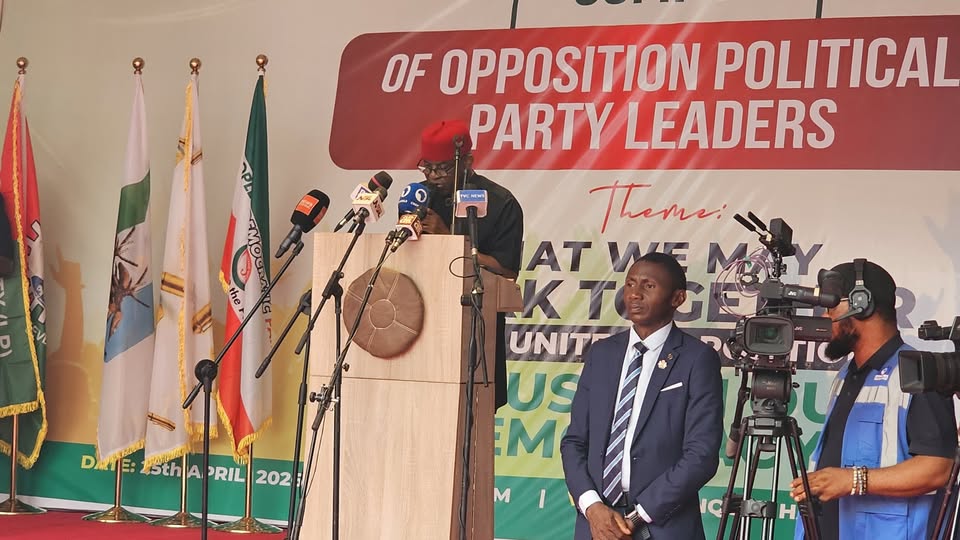 The National Chairman of the African Democratic Congress (ADC), Senator David Mark, speaking at the national opposition summit held in Ibadan, Oyo State