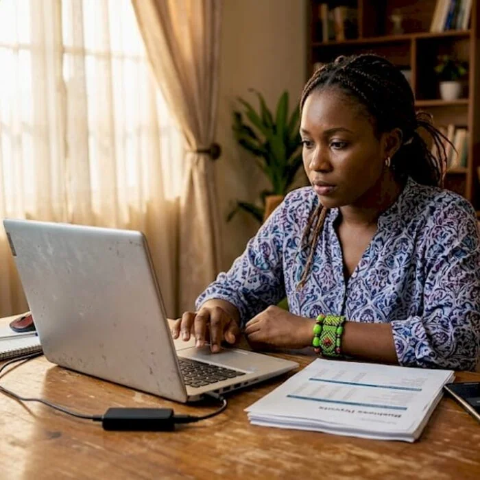 Nigerian entrepreneur checking analytics at home desk